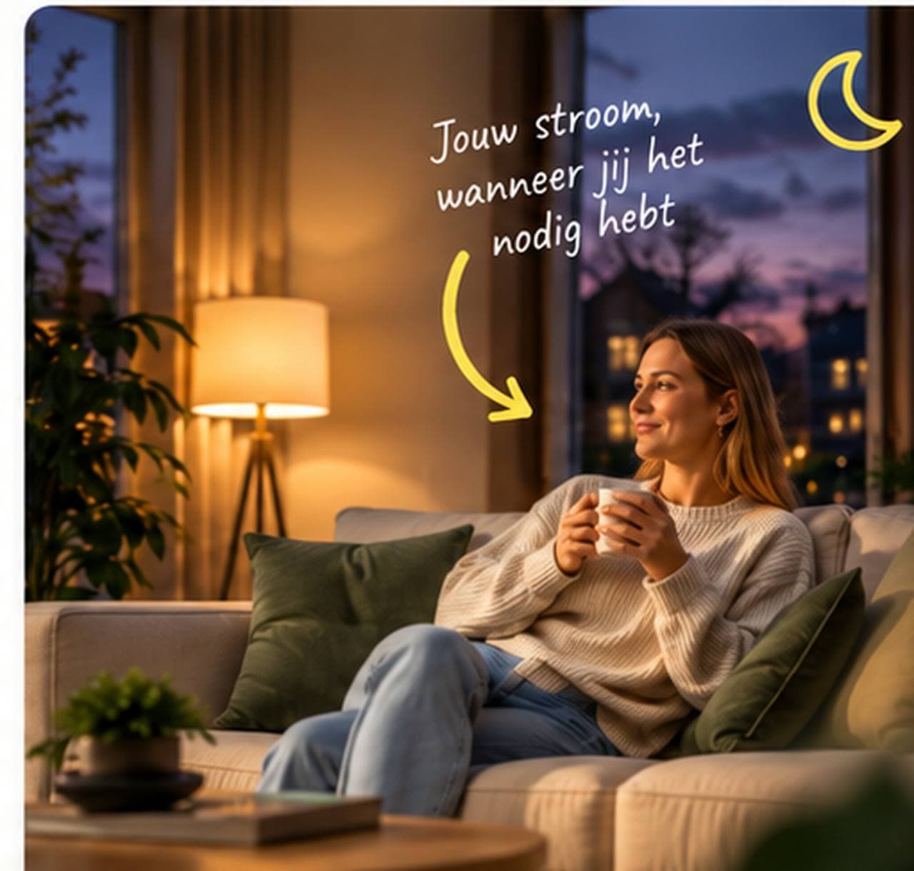 Nederlandse woonkamer 's avonds, lampen aan van bewaarde zonnestroom