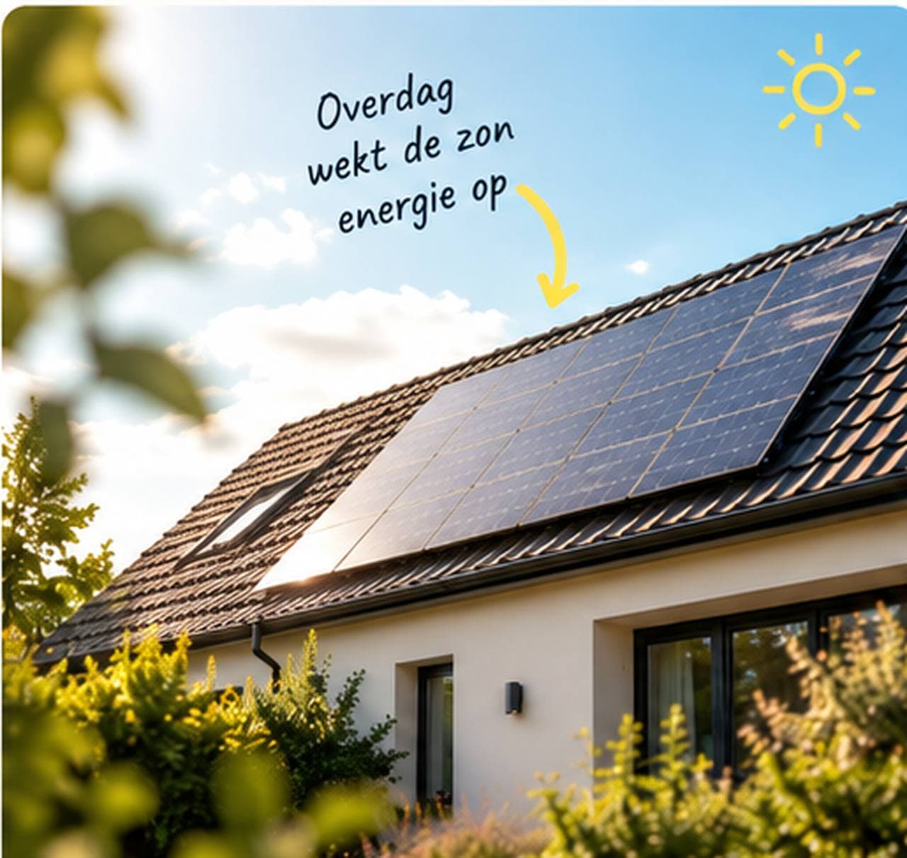 Zonnepanelen op een Nederlands pannendak in de middagzon