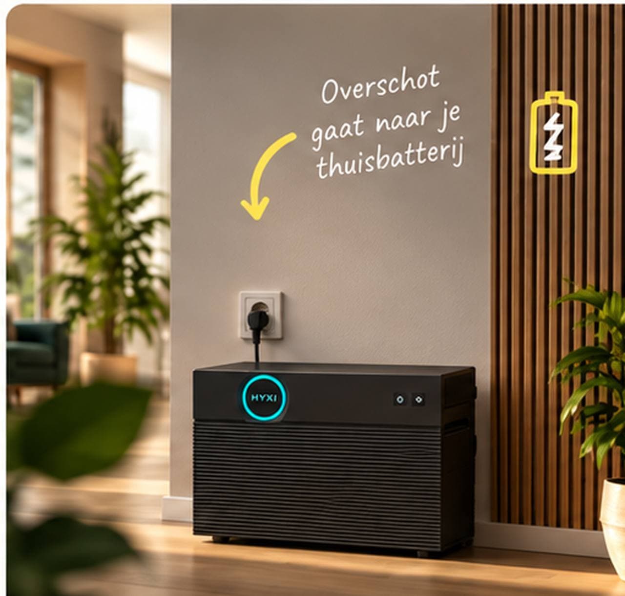 Thuisbatterij tegen de muur in een Nederlandse bijkeuken, aangesloten op het stopcontact