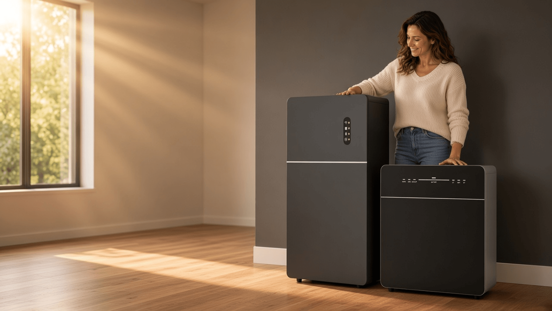 Vrouw in een zonnige woonkamer kiest tussen twee thuisbatterijen